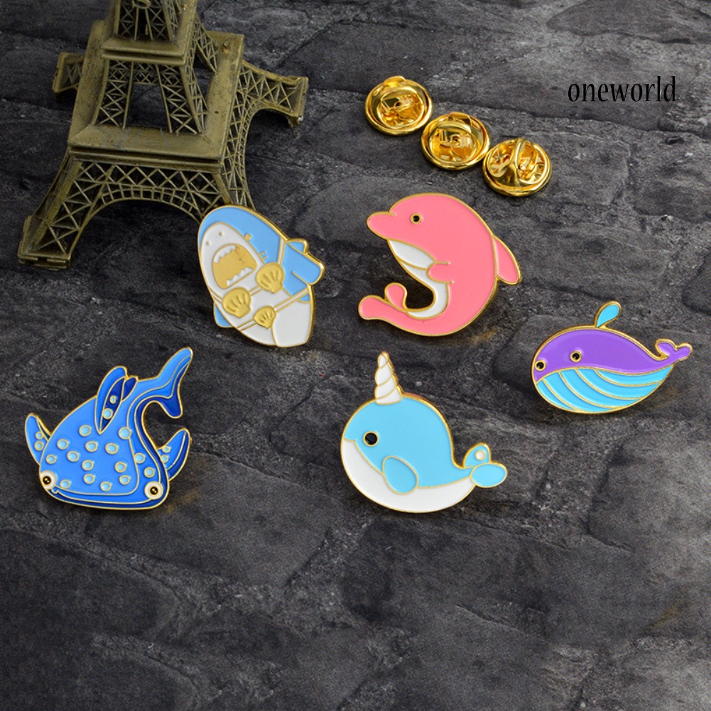 OW@ Cute Cartoon Dolphin Shark Whale Fish Enamel Brooch Pin Badge Collar Coat Decor