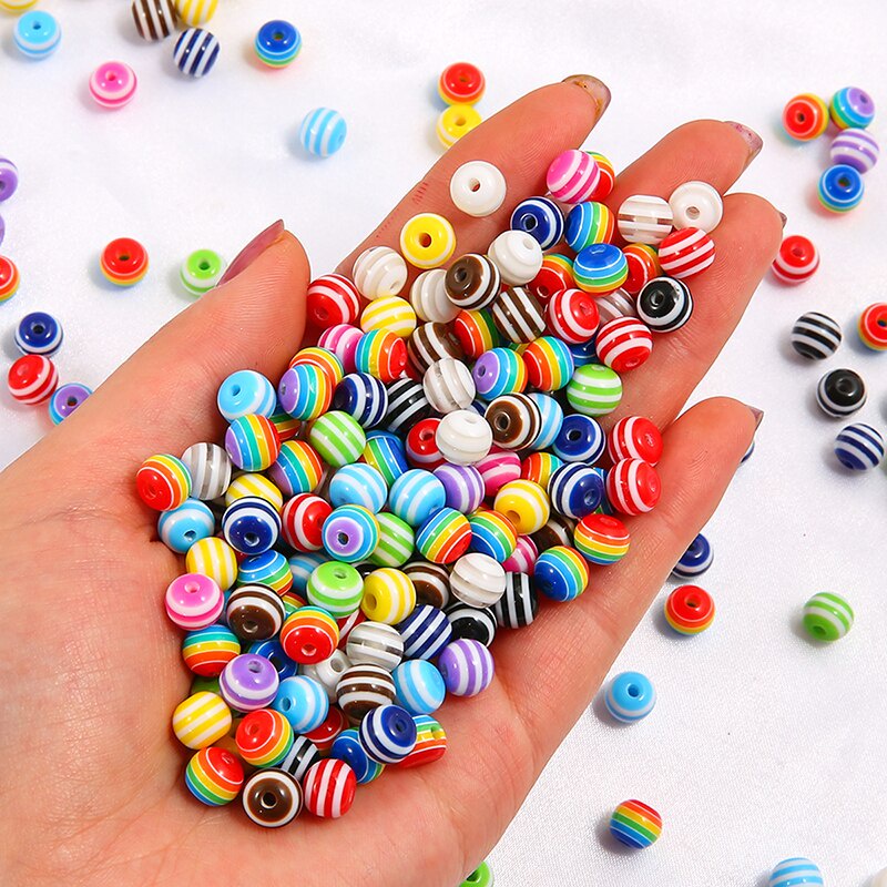 30-50 Pcs 6 8 10 Mm Warna-warni Resin Spacer Manik-manik Bulat Garis Campuran Manik-manik Longgar untuk Membuat Perhiasan DIY Gelang Kalung Aksesoris