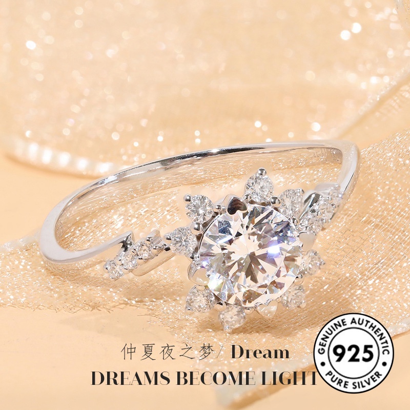 Cincin Sterling Silver 925 Desain Bunga Hias Berlian Imitasi Elegan Untuk Wanita