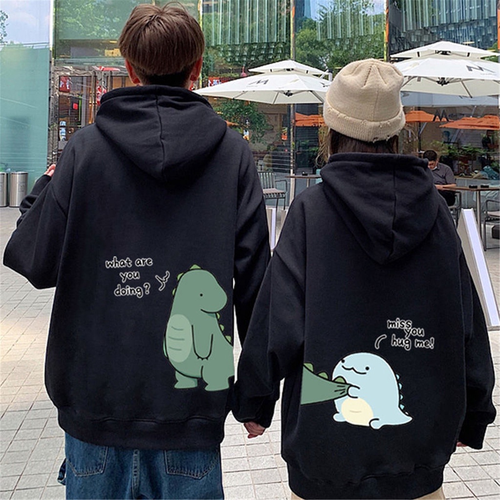 Baju Hangat Modis Musim Gugur Hoodie Dinosaurus Pasangan Atasan Kartun Korea Punk Wanita Hoodie Kawaii Longgar Antik Gadis