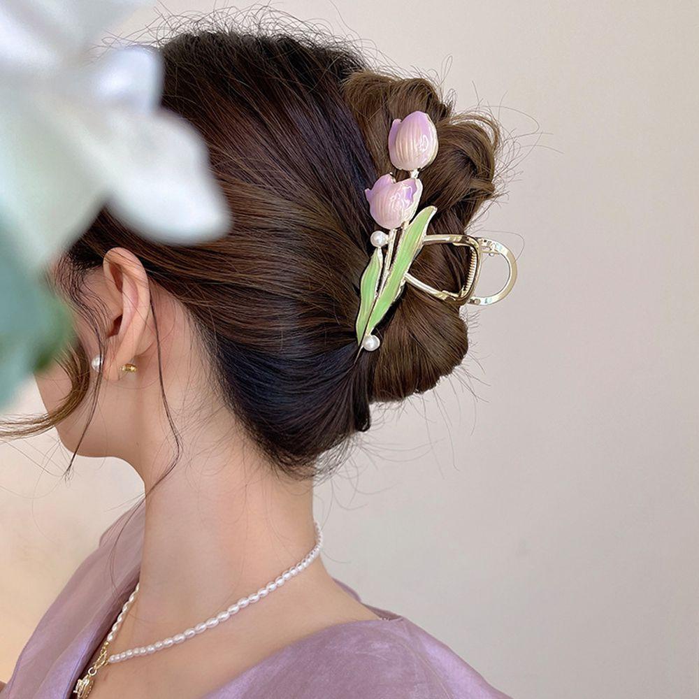 NEEDWAY Wanita Cakar Rambut Hiasan Kepala Vintage Rambut Jepit Tulip Untuk Perempuan Temperamen Ponytail Clip