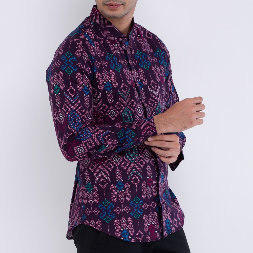 622 & 622a Batik Pria Lengan Panjang Dan Pendek Ungu Songket Kasual Slimfit Distro Grosir