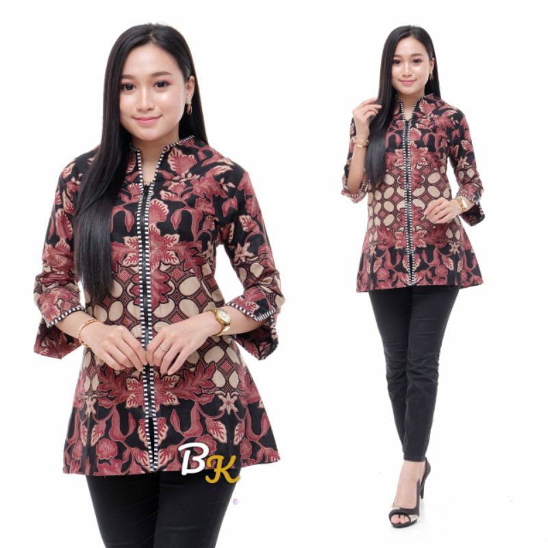 ATASAN BATIK WANITA - BLOUSE BATIK ZIPPER DEPAN - BLUS BATIK KANTORAN BATIK OZILA MURAH