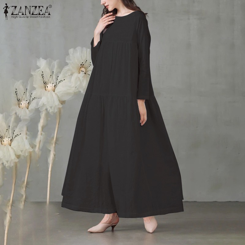 ZANZEA Women Solid Color Long Sleeve Ruffl Hem Swing Maxi Dress