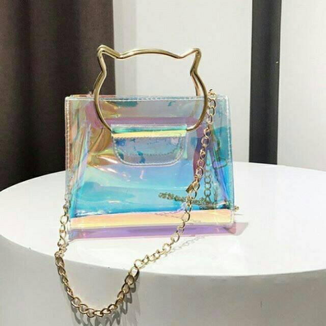(SKY)SALE CUCI GUDANG TAS TRANSPARAN PVC JELLY-TAS HOLOGRAM KITTY-TAS BATAM WANITA-TAS SELEMPANG FAS