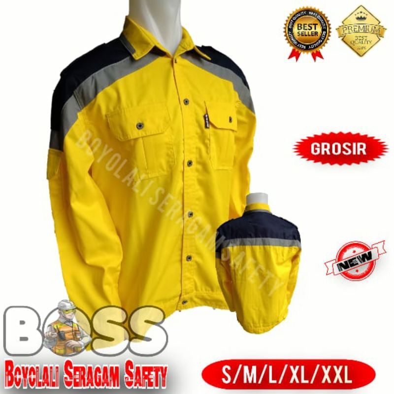 BAJU SAFETY KUNING NAVY FREE LOGO K3 BENDERA-SERAGAM SAFETY-BAJU PROYEK-BAJU SERAGAM SAFETY