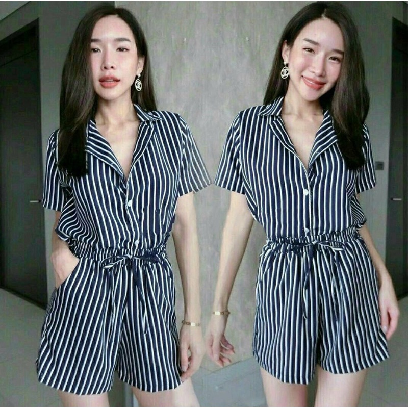 jumpsuit pendek wanita / jumpsuit wanita lengan pendek motif salur