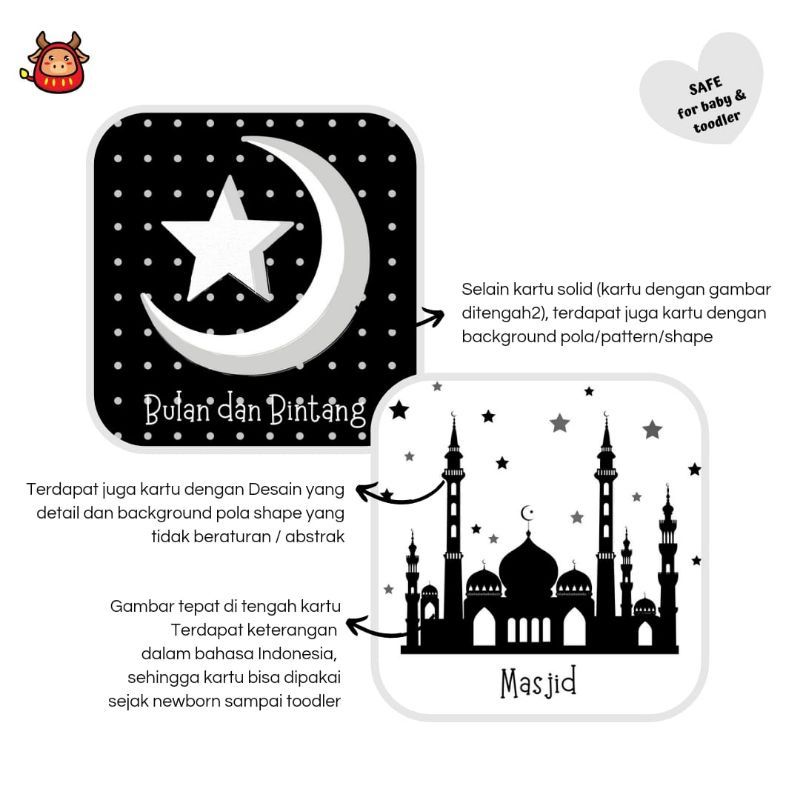 Flash Card Islam Bayi Balita Newborn Toddler High Contrast Kartu Belajar Bayi Agama Islamic Muslim Allah Tuhan