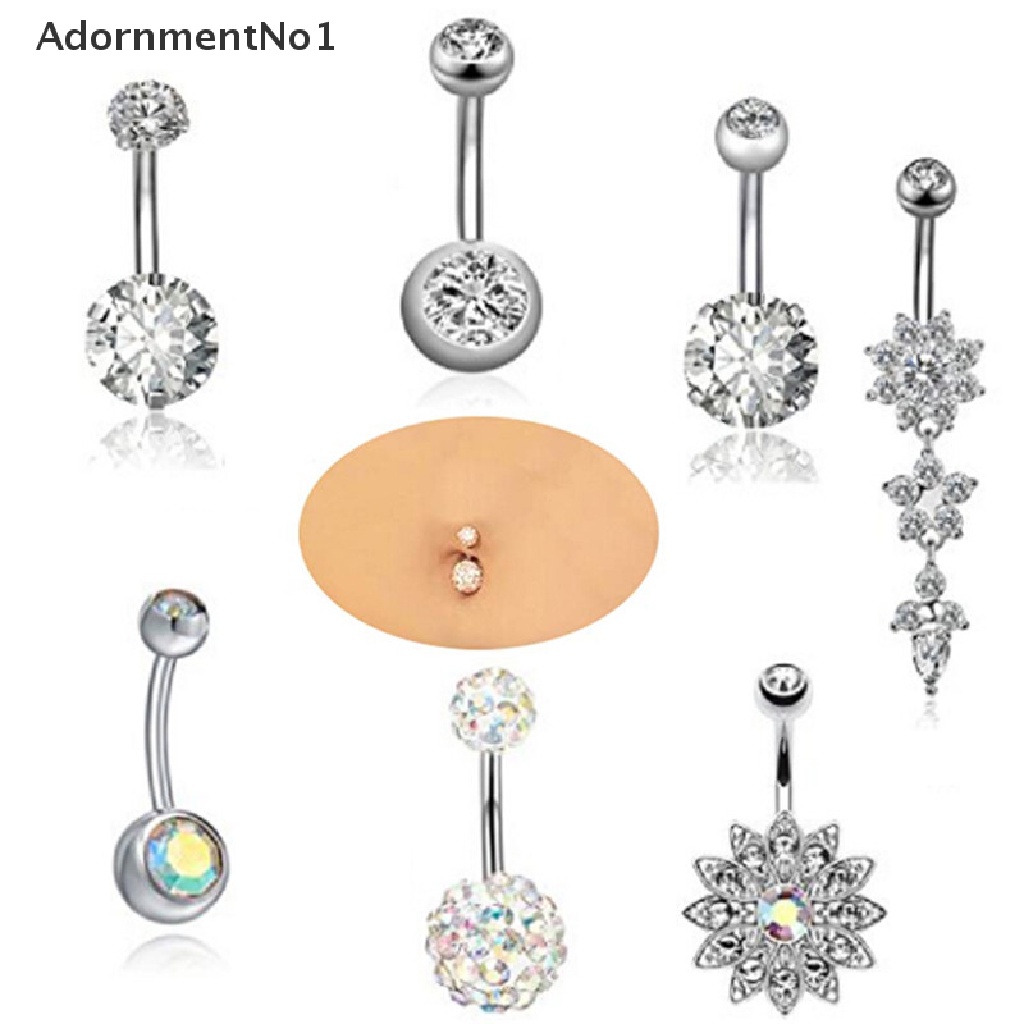 (AdornmentNo1) 7pcs / Set Cincin Tindik Perut / Pusar Bahan Stainless Steel Hias Kristal Untuk Wanita