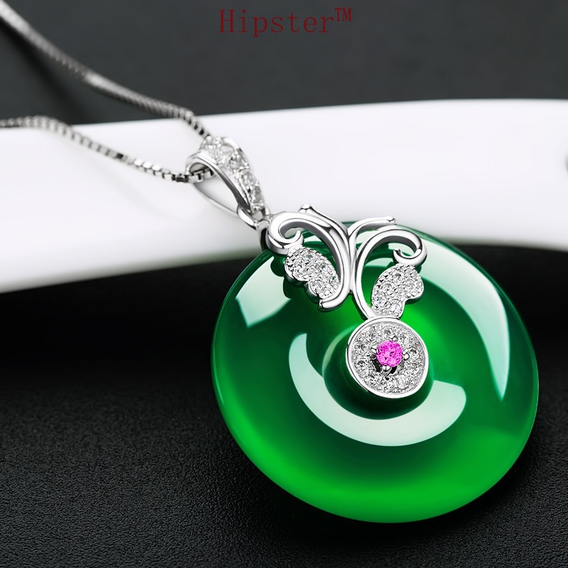 Retro Classic Inlaid Color Diamond Natural Hotian Jade Pendant Necklace