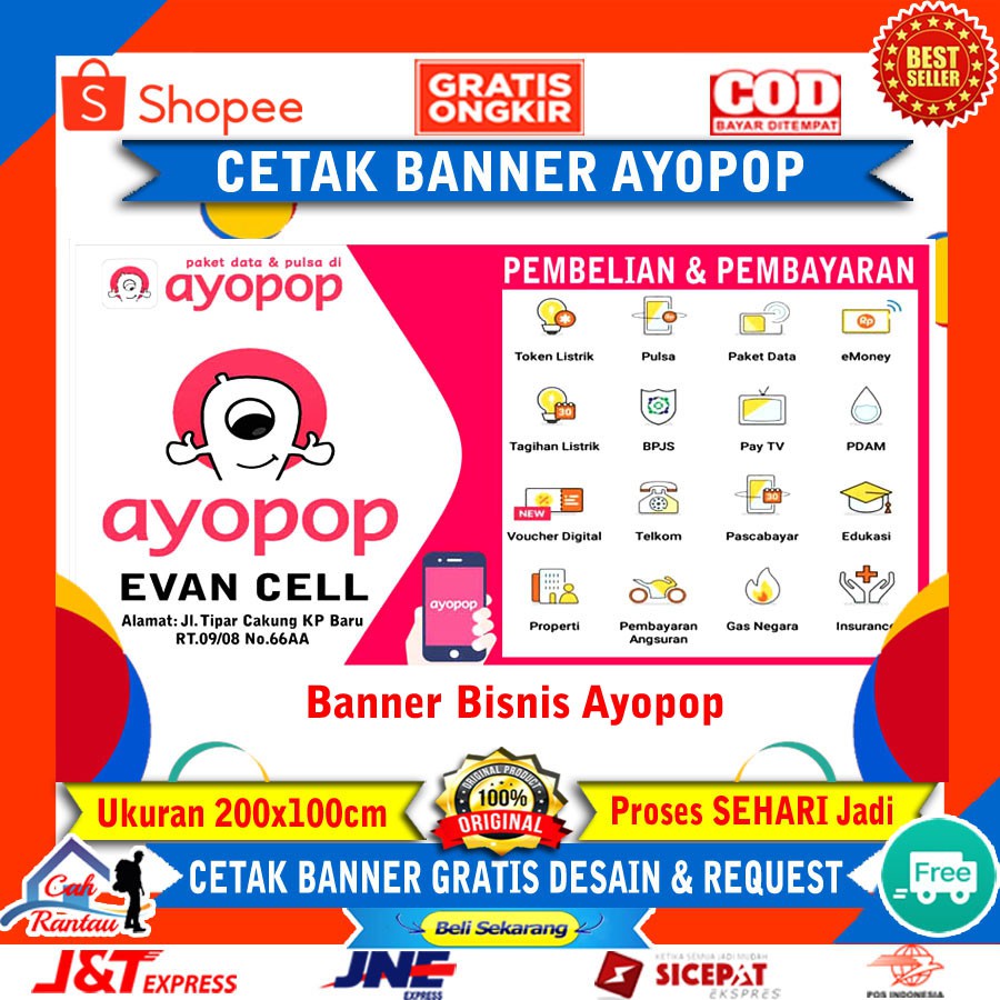 Cetak spanduk banner bisnis usaha toko konter ayopop bahan promosi konter jual pulsa dan paket data