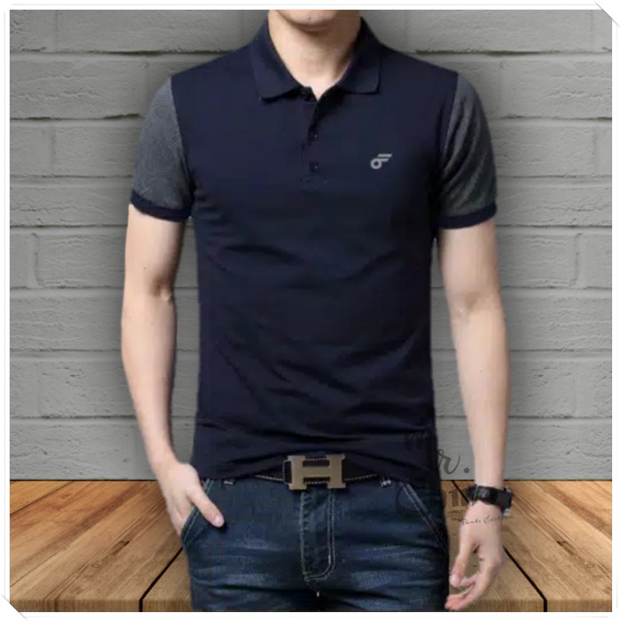Kaos Polo Pria  Kerah Biru Navy Mix Baju  Polo Casual  
