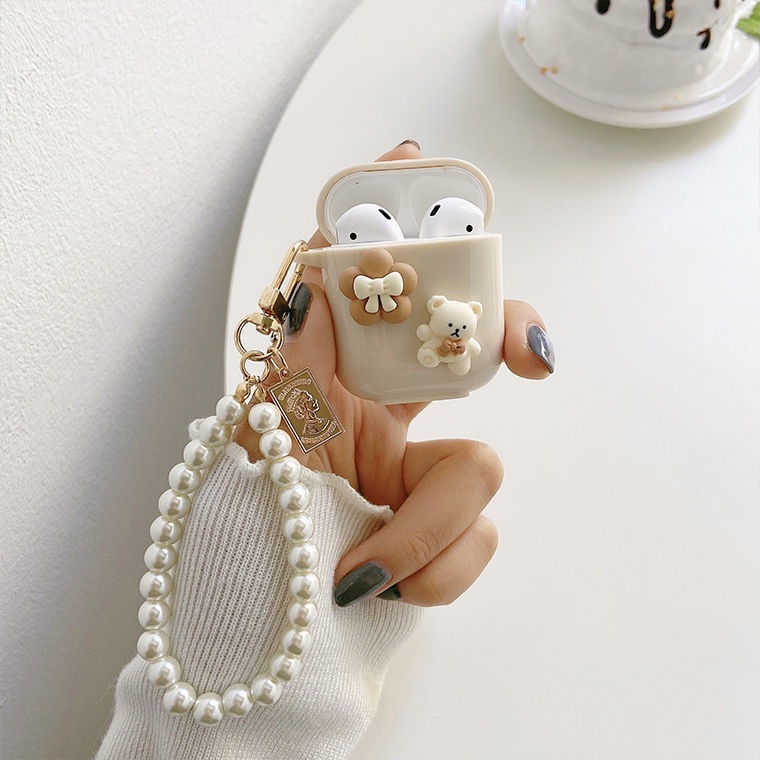 Casing Strap Bear+ Mutiara Kartun Lucu Kompatibel Untuk Airpods1/2 Pro Case Soft TPU