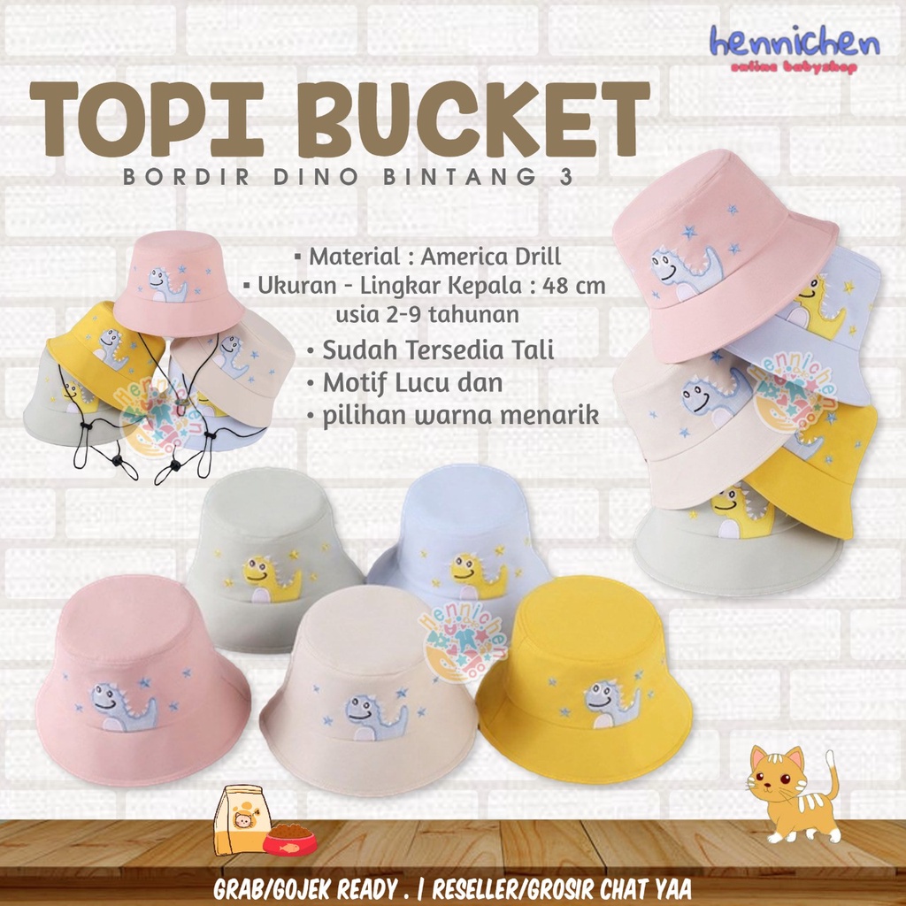 Topi Bucket Anak Bordir Dino Bintang 3 Bucket Bordir Anak Laki Laki Perempuan