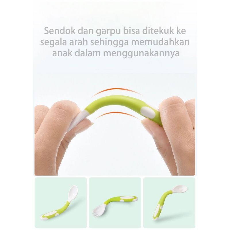 Sendok Makan Bayi Alat Makan Bayi Set Sendok Garpu Bengkok MPASI Bahan Silikon Safety Spoon Baby