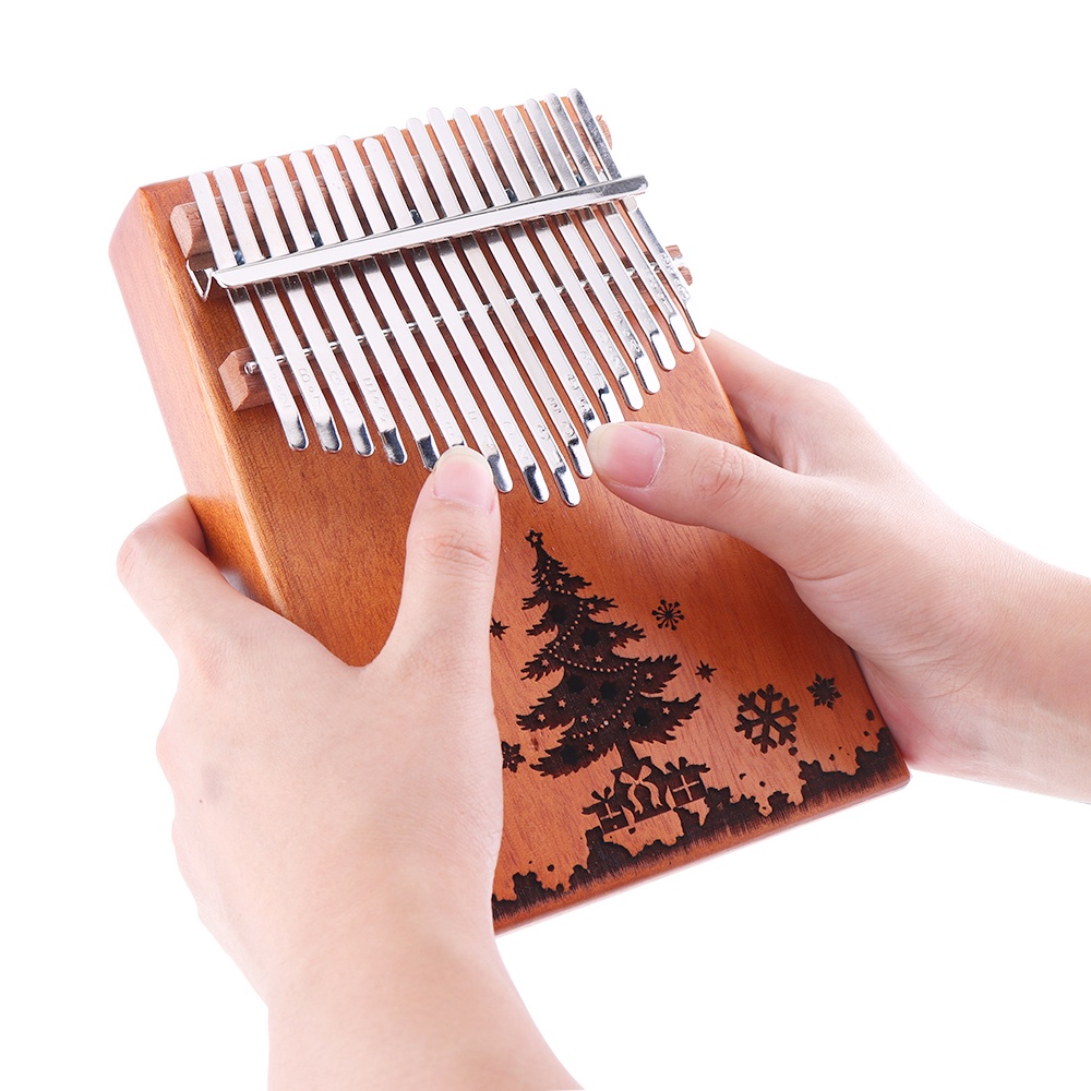 Alat Musik Kalimba 17 Tuts Bahan Kayu Mahoni Motif Pohon Natal Mbira