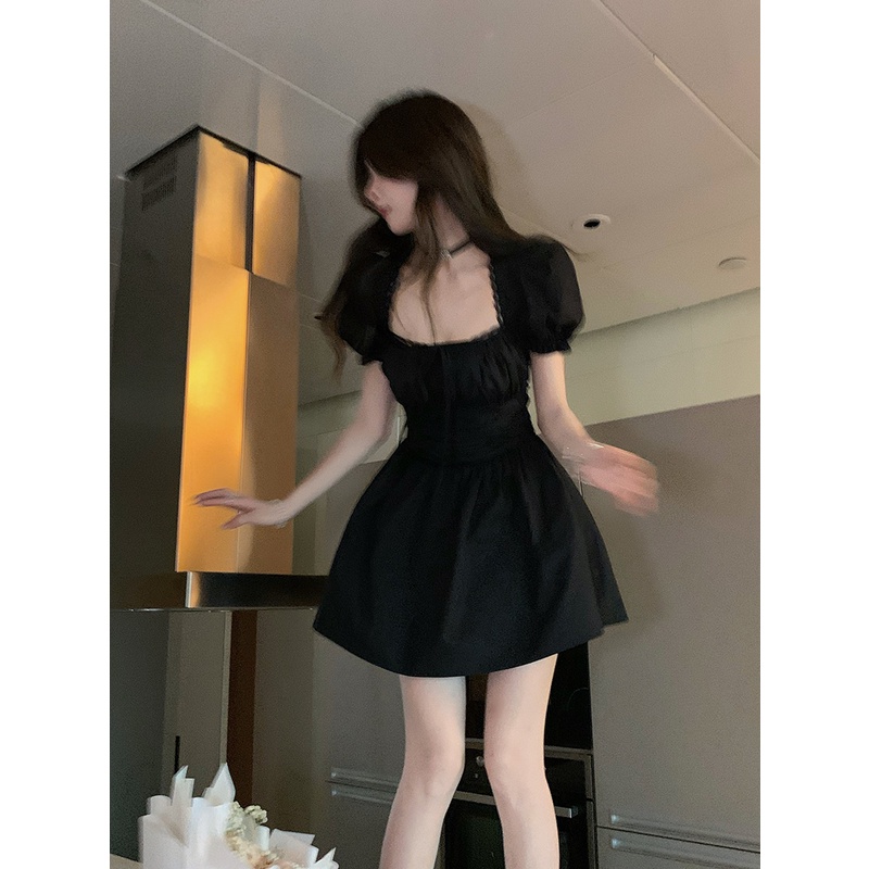 Suhao Black Strawberry ~ Gaun Lengan Puff Wanita Xia Chun Yufeng Pinggang Sexy Hot Girl Slim Puff Ro