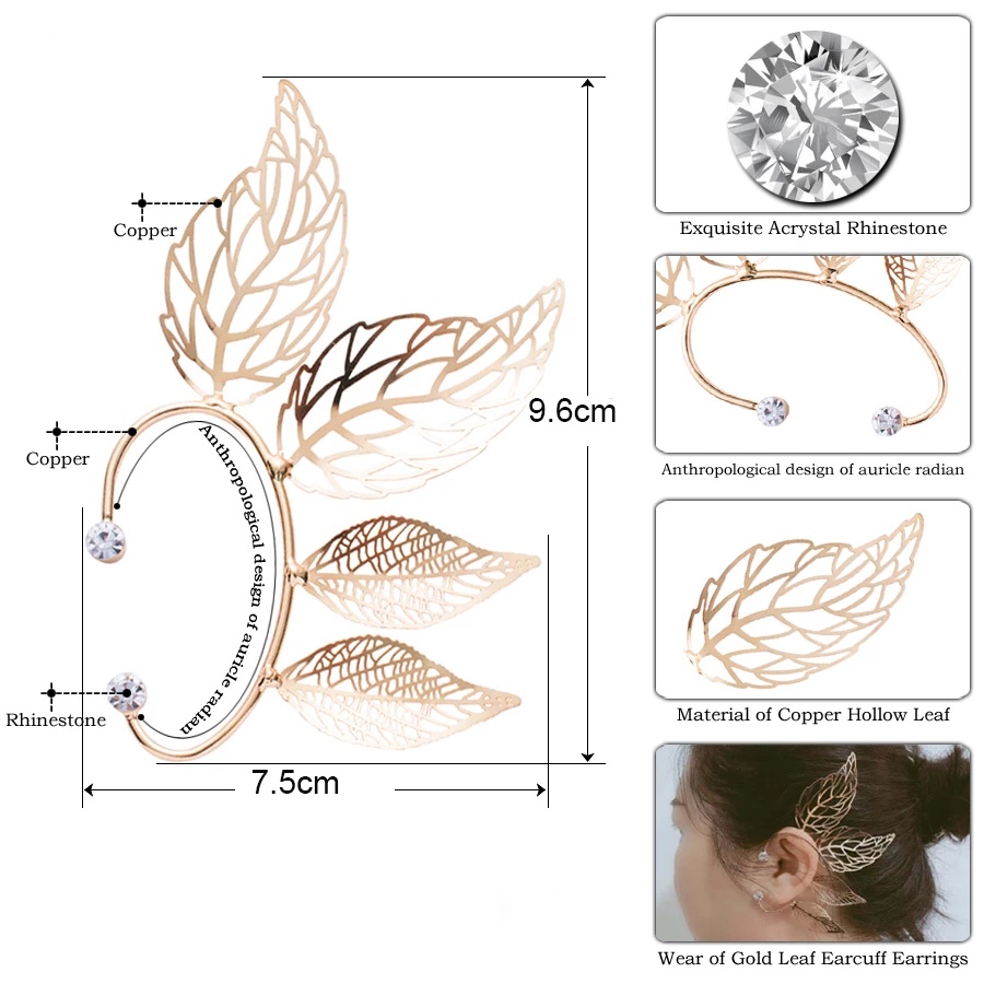 Women Elegant zircon leaf  Ear Clips/ Ladies Bohemia Statement Earrings/ Korean INS Simple Style Wedding Party Ear Jewelry