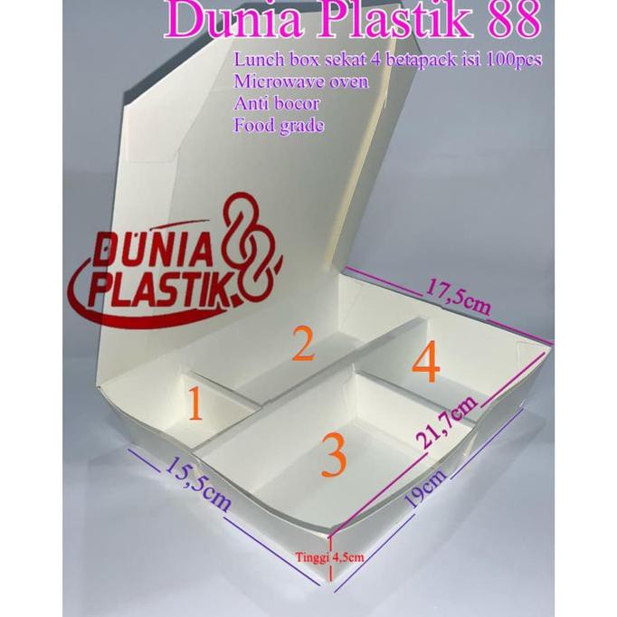 100pc LUNCH BOX SEKAT 4 partisi kotak bento kertas sekat putih polos - SEKAT4 betapack