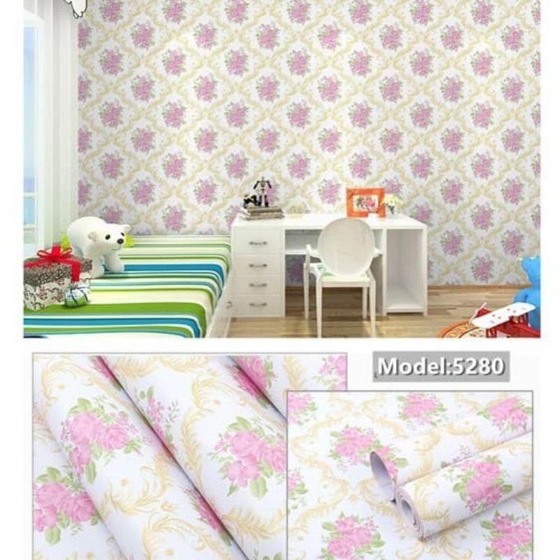 Walpaper Sticker Dinding Murah Kuning Emas Bunga Pink
