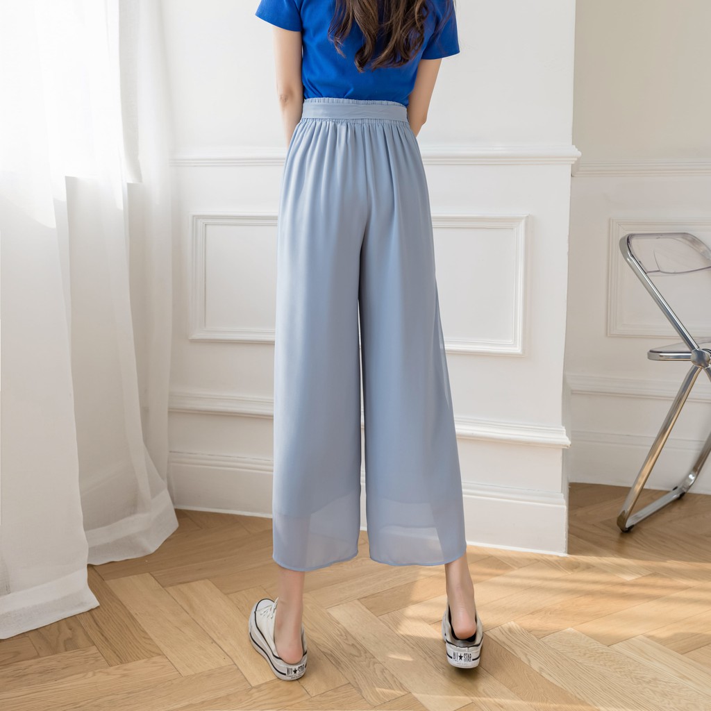 【Blossom】Korean Tie Front Cropped Solid Wide Leg Pants 7257