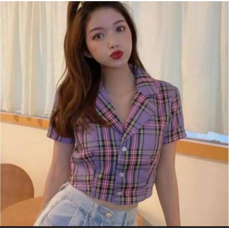 KEMEJA CROP TOP WANITA KOREA TARTAN VIRAL/ SQUARE / KOTAK LILAC LAVENDER PURPLE UNGU