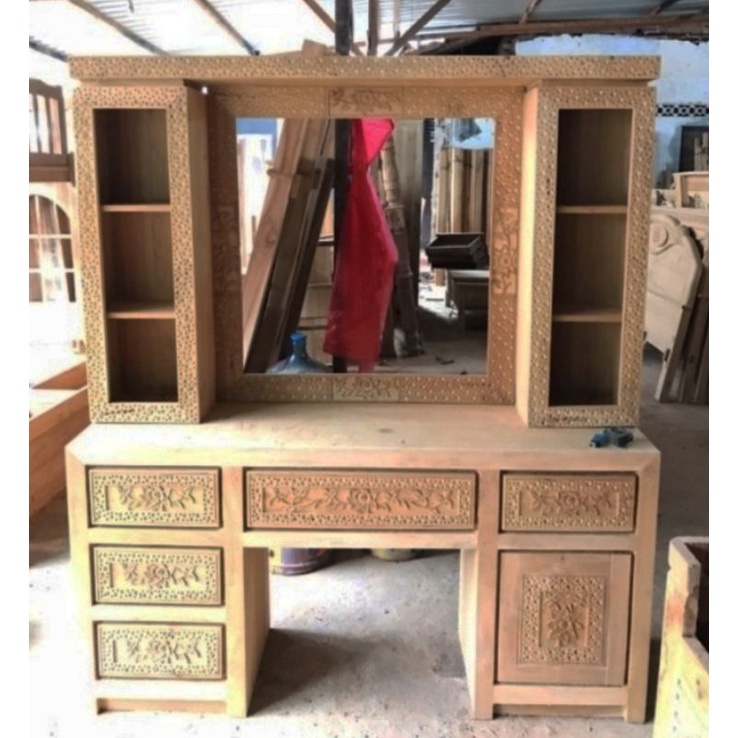 Meja Rias Besar Kayu Jati - Tolet Ukir Minimalis - Mentahan
