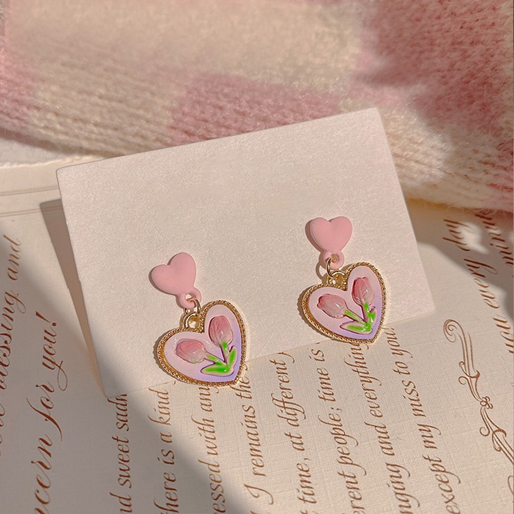 IFYOU Anting Stud Desain Bunga Hati Warna Pink Gaya Vintage Korea Untuk Wanita