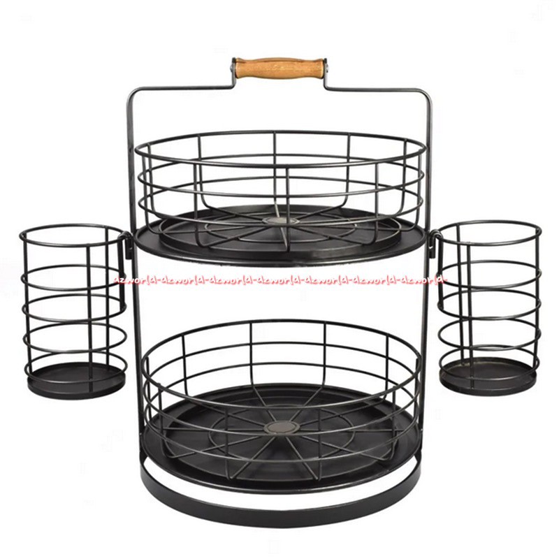 Krischef Dish Holder Round Double Tray Black Tempat Rak Piring Portable Mudah Dibawa Dipindahkan