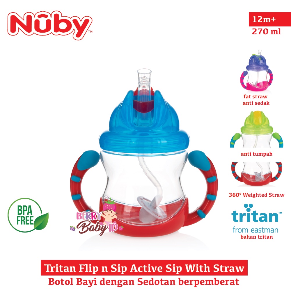 Nuby Tritan Flip n Sip Active Sip With Straw Botol Sedotan Bayi Anak BPA Free Berry Mart