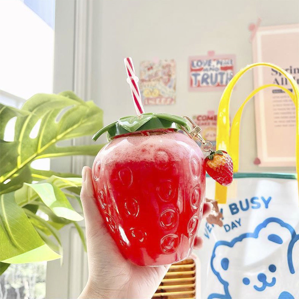 500ml Ins Strawberry Straw Plastic Cup | Gadis Lucu dengan Aksesoris Botol Air Cangkir Teh Susu Siswa