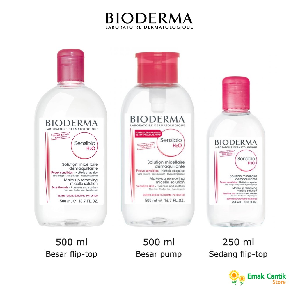 Bioderma Sensibio H2O Micellar Water 250ml &amp; 500ml Pump (Pembersih wajah make up sedang besar pink)