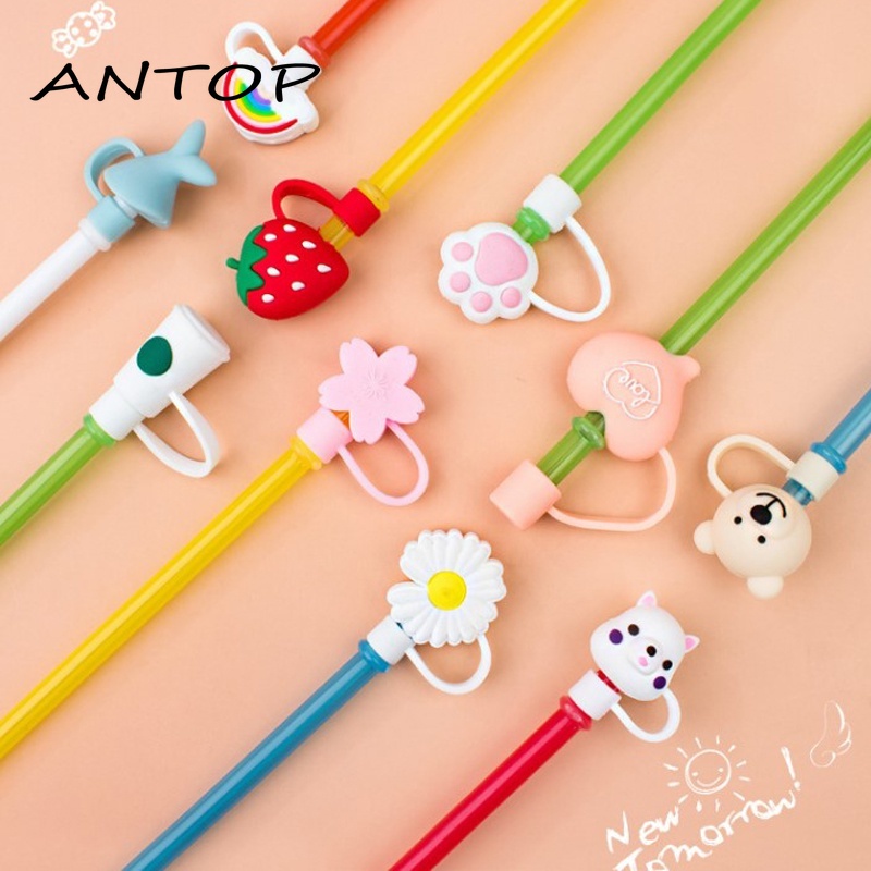 Tutup Sedotan Universal Anti Debu Reusable Bentuk Bunga Daisy/Strawberry/Telapak Hewan Bahan Silikon ANTOP