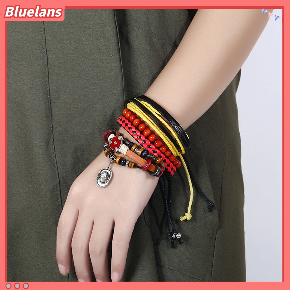 4pcs / Set Gelang Multilayer Bahan Kulit Imitasi Aksen Manik-Manik Kayu Gaya Retro Etnik Untuk Wanita