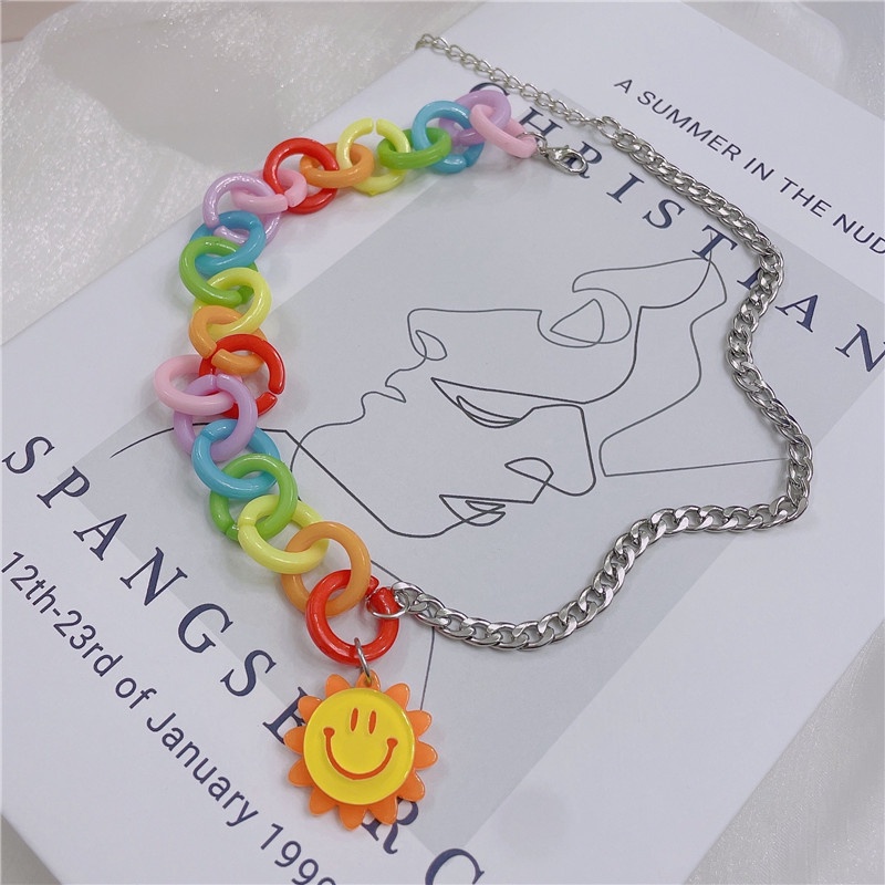 Korea Harajuku Style Sunflower Necklace Colorful Chain Stitching Necklace