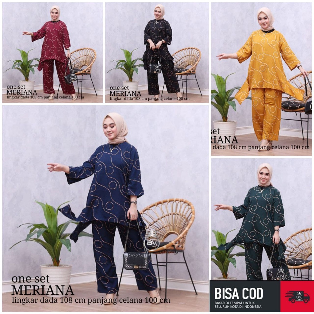 Meriana Set - One Set Wanita Rayon Premium Setelan Wanita Batik Lengan 7/8 Set Celana Kekinian LD 108 cm