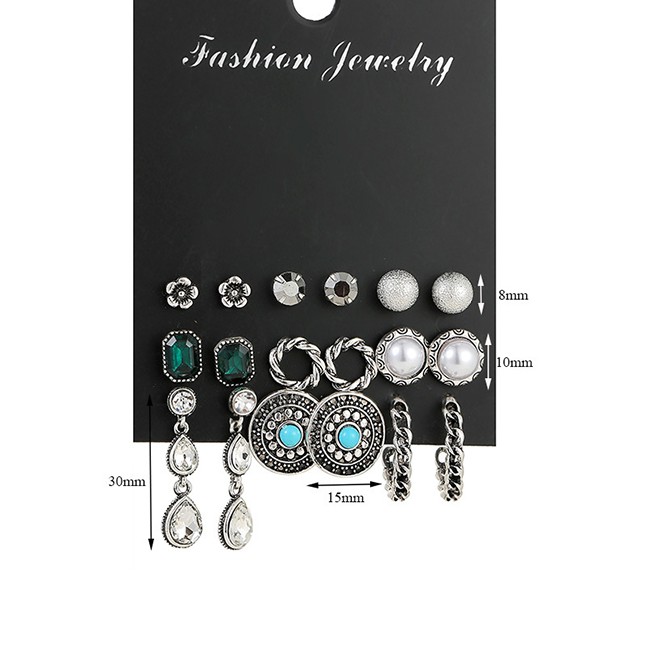 LRC Anting Set Fashion Silver Geometric Stud Earring Set With Diamonds And Turquoise Flowers D73678