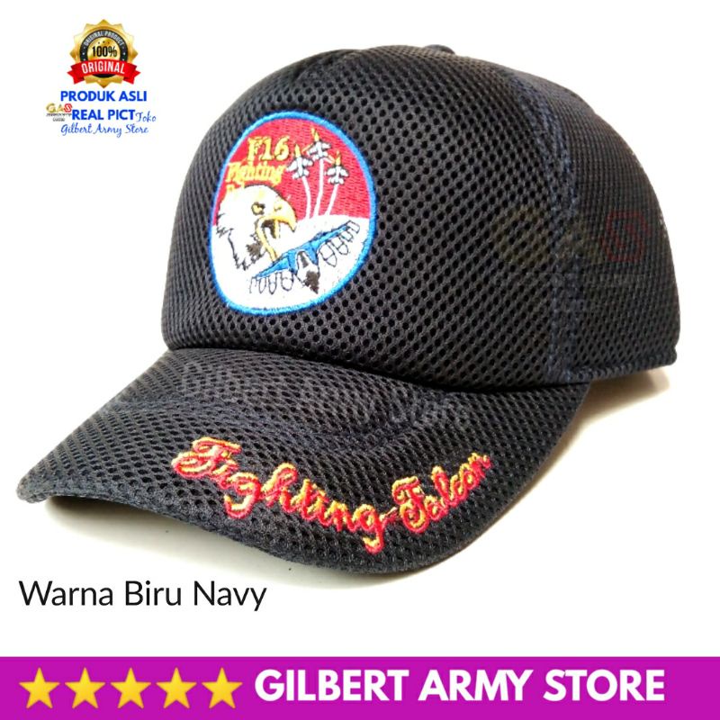 GILBERY ARMY STORE Topi F16 Fighting Falcon Jaring Hitam Hat Pria Distro Terbaru Tni Au Logo Bordir