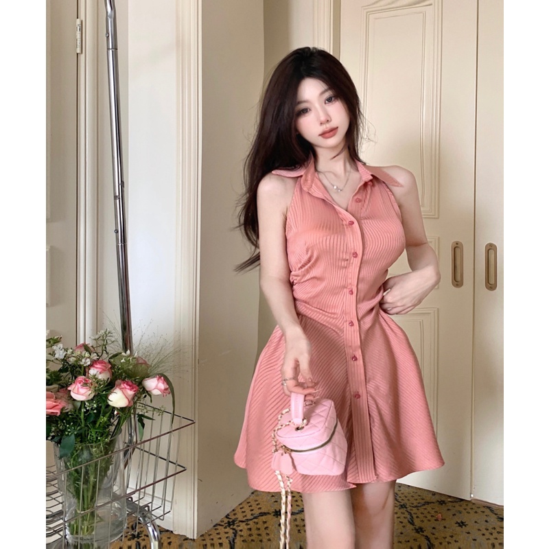 Suhao pinggang polo-neck dress wanita musim panas pink tanpa lengan manis hot girl temperamen seksi