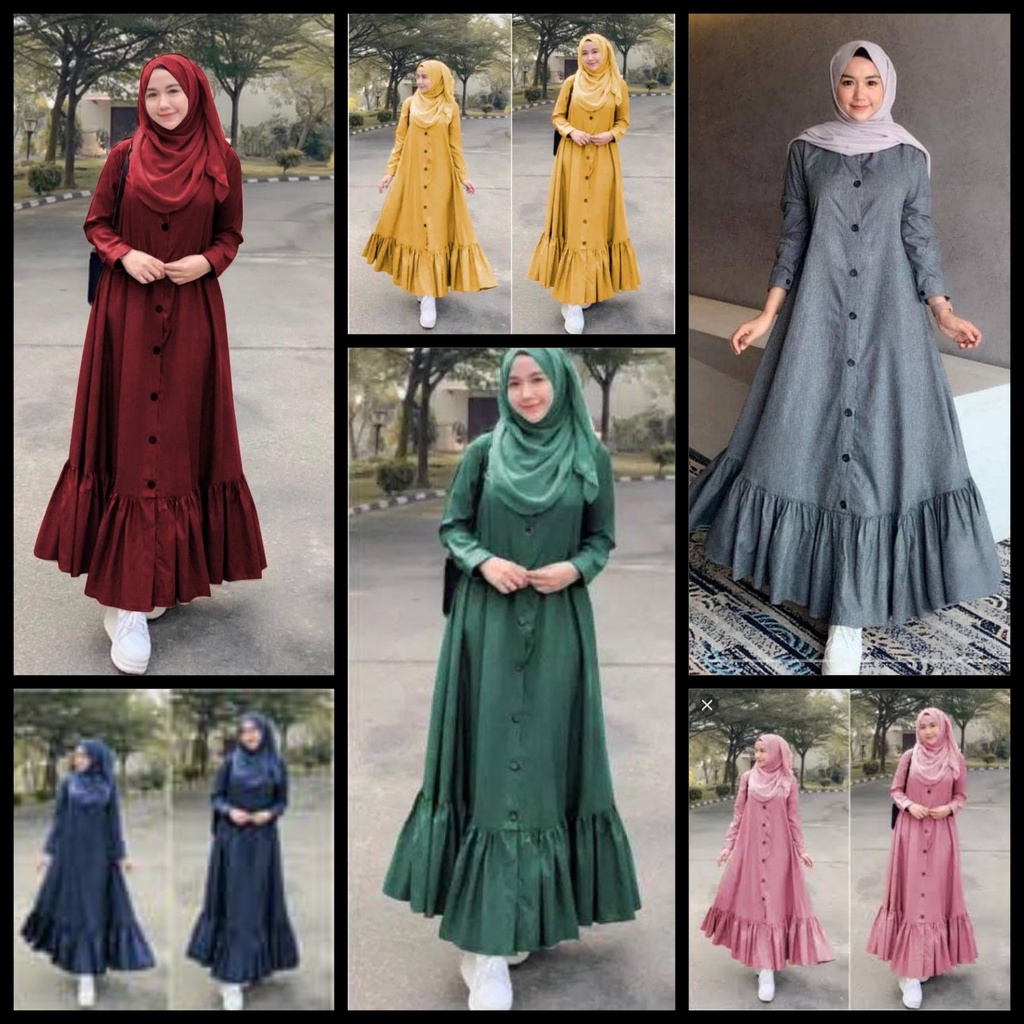 Peny Maxy Gamis Dress Gamis Maxi Syari Renda Bawah Busui Full Kancing Depan Warna Polos Hijau Botol 