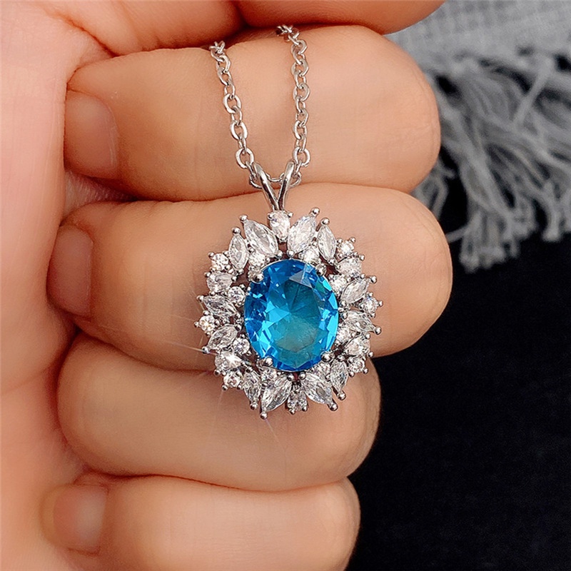 Kalung Liontin Cubic Zirconia Warna Biru Untuk Wanita