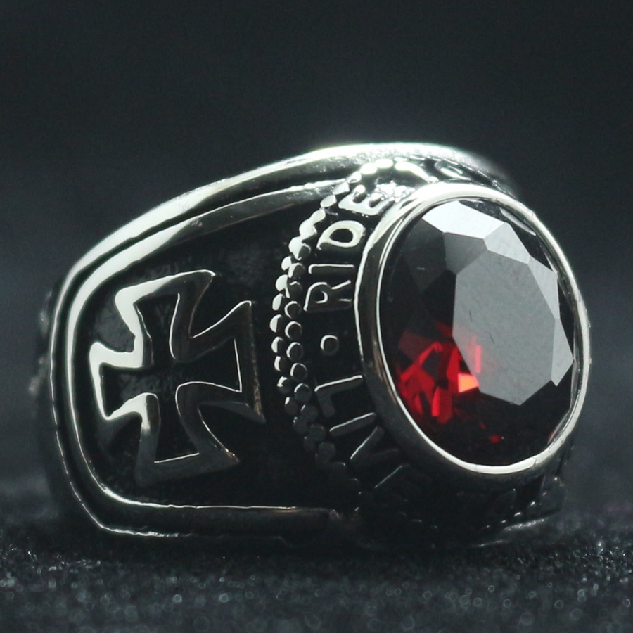 Cincin Biker Bahan Stainless Steel 316l Ukuran 7-14 Aksen Batu Merah Untuk Unisex