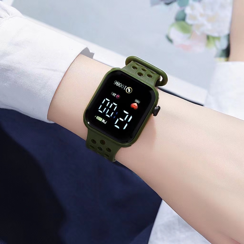 [ COD ] Jam Tangan Digital LED Wanita Dan Pria Strap Rubber Dial Kotak Tampilan Layar Besar-58-7 Hijau Tua