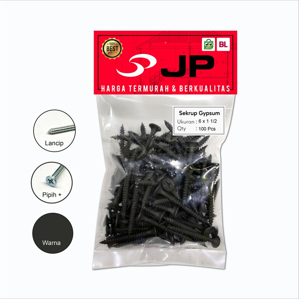 SEKRUP GYPSUM 6 x 1-1/2 - SKRUP DRYWALL - BAUT GIPSUM HITAM ISI 100 PC