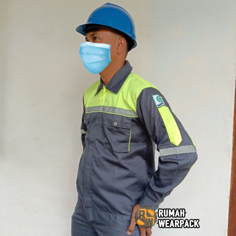 Baju Kerja/ Wearpack Proyek/ Seragam Kerja Atasan Lengan Panjang Abu Tua Hijau