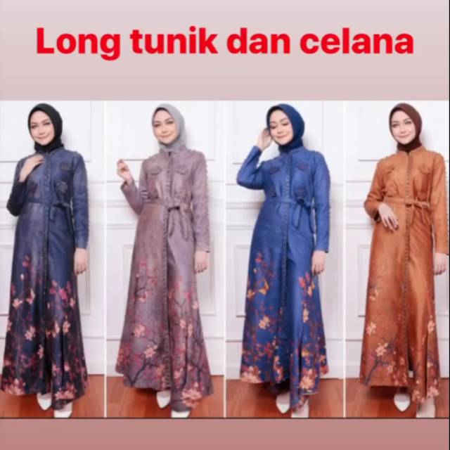 LONG TUNIK DAN CELANA SUEDE MOTIF BUNGA