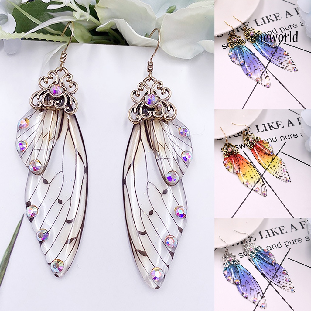 OW# Colorful Butterflies Wing Shape Drop Earrings Women Simulation Rhinestone Dangle Hook Earrings Jewelry Accessory