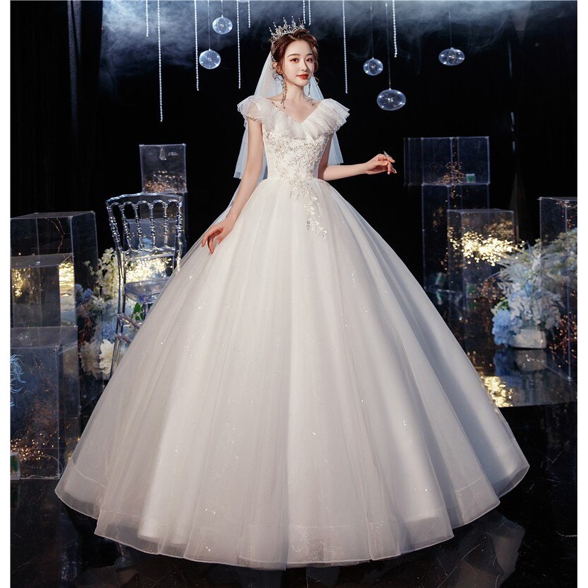 New Korean Cap Sleeve Wedding Dresses Bride Wedding Gown V Neck Elegant 2020