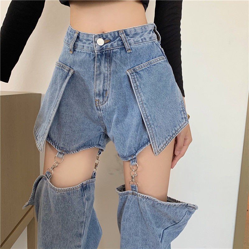 Suhao Celana Jeans Wanita Straight Slip Pants Musim Semi Desain Baru Dua Arah Dilepas Celana Pendek