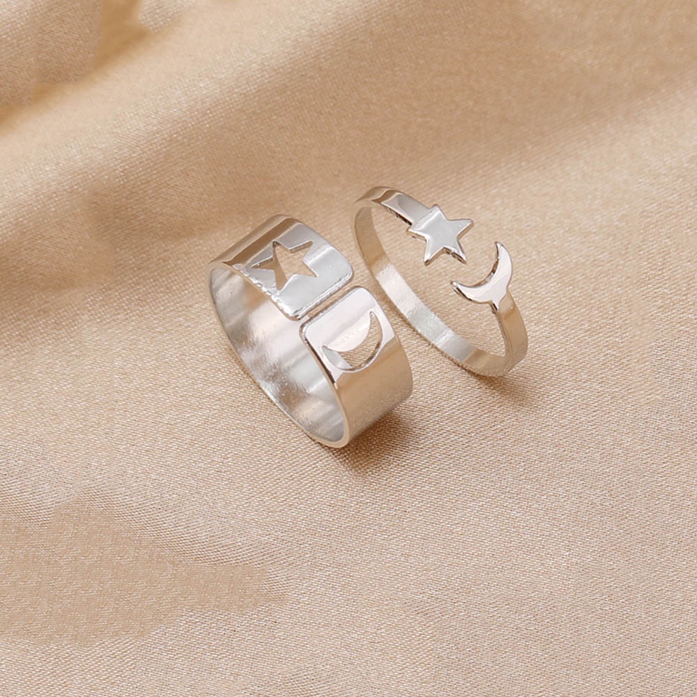 2pcs / Set Cincin Model Terbuka Bahan Metal Desain Geometri / Bulan / Bintang Warna Gold / Silver Untuk Wanita